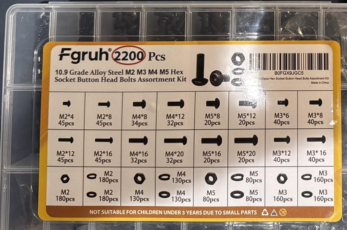 Fgruh M2/M3/M4/M5 Hex Socket Button Head Bolt Assortment Kit (2200 Pcs)